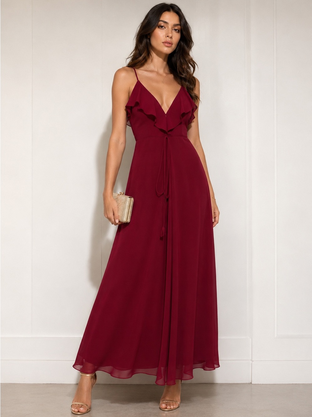 Jenny Yoo burgundy Ruffle V-Neck Spaghetti Strap Maxi Dress